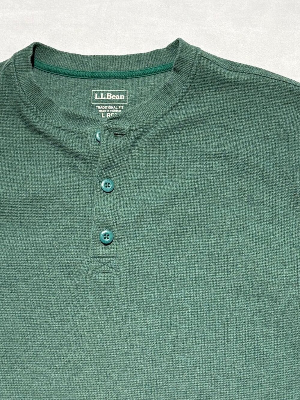 LL Bean Mens Henley Sweater Large Green Long sleeve 100% Cotton Classic